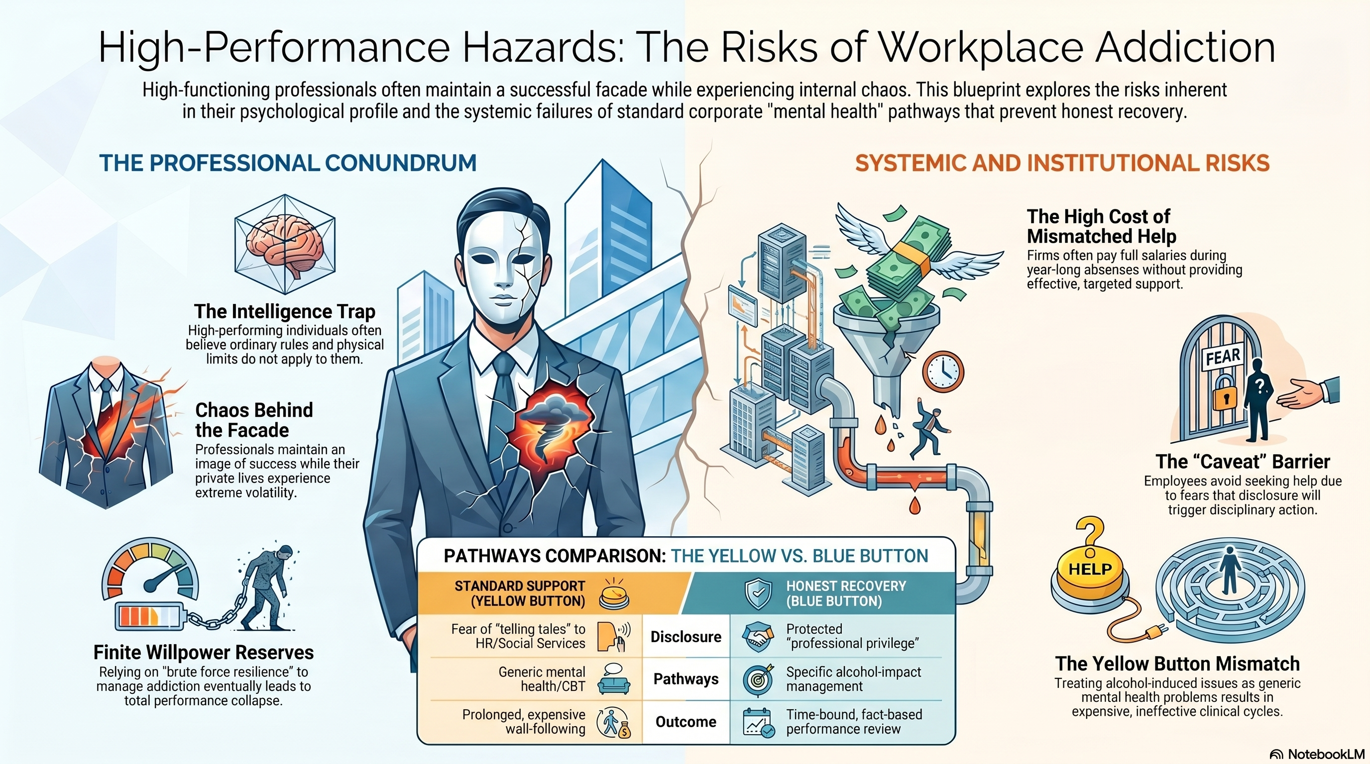 High-Performance Hazards: The Risks of Workplace Addiction — infographic showing the Professional Conundrum and Systemic Institutional Risks, including the Yellow vs Blue Button pathways comparison